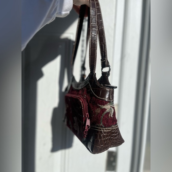 VTG Y2K Cottagecore Maroon Carpet Bag Tapestry purse w/ brown Croc faux leather - Picture 11 of 16